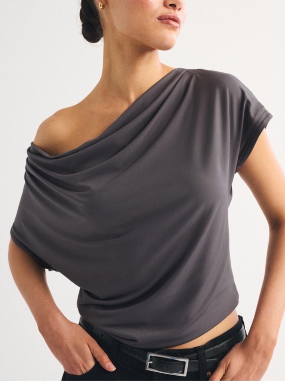 Abercrombie & Fitch Draped One-Shoulder Top — Charcoal